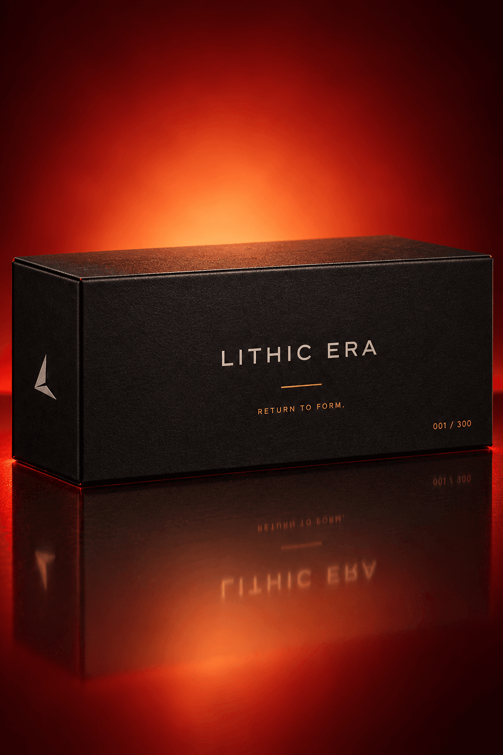 Crimson 01 packaging: black box with the Lithic Era mark and Return To Form