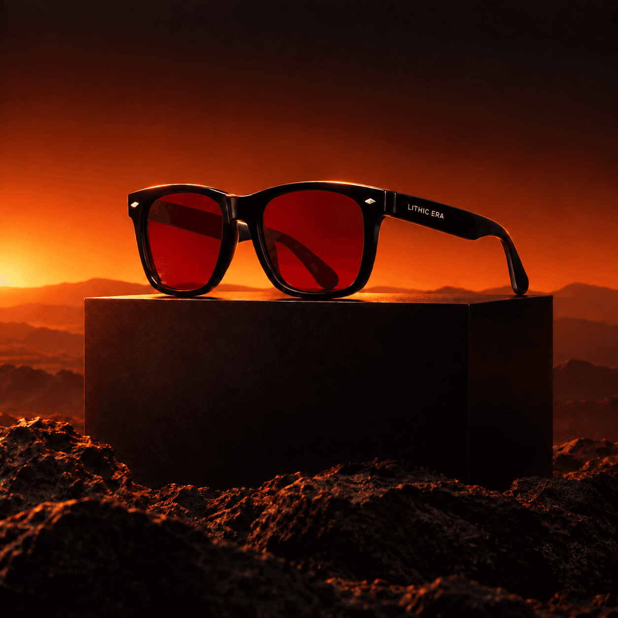 Crimson 01 on a plinth at sunset, temple print visible